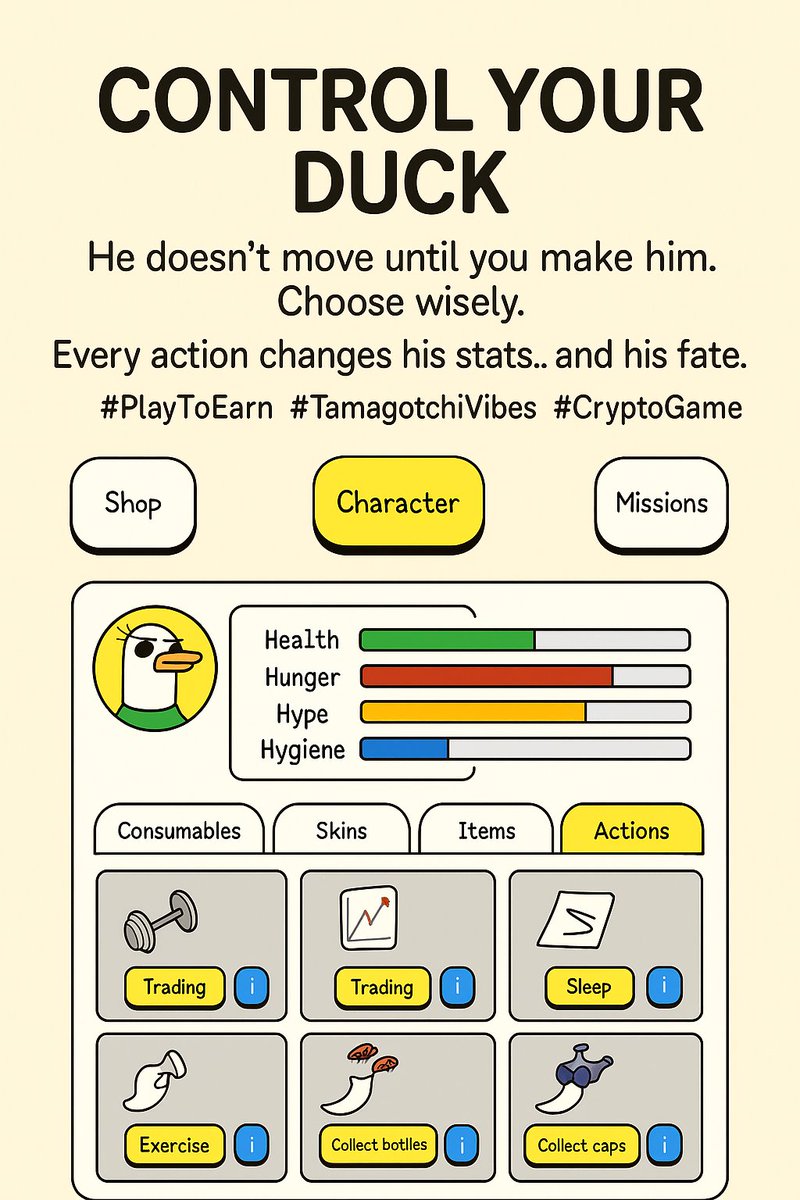 Control your SDUK. Every move messes with his stats. Sleep? Grind? Shitcoins? You decide. But screw it up... and he dies 🦆