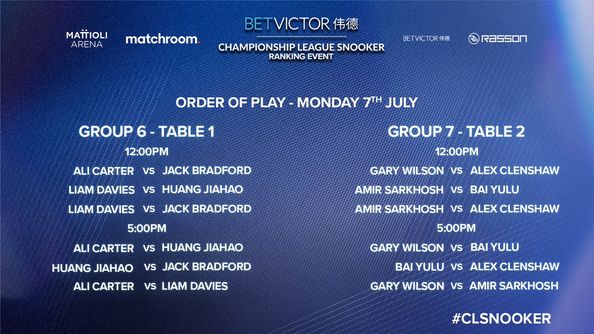 CLSnooker's tweet image. What a line-up 🔥

Defending champion Ali Carter and three-time ranking title winner Gary Wilson take to the stage in Monday&apos;s action 🤩

Watch on YouTube from 12pm 📺

📺 T1 - Matchroom Pool
📺 T2 - Matchroom Multi Sport 

@BetVictor #CLSnooker