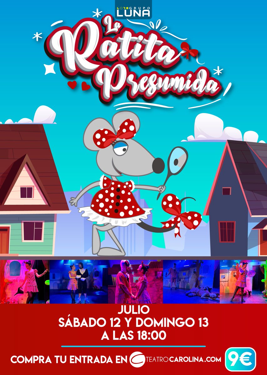 Disfruta con La Ratita Presumida, #teatroinfantil de Grupo Luna
🗓️ 12 y 13 de Julio a las 18:00 h
📍Teatro Carolina
💶 9€
🎟️ Compra tu entrada en la web del Teatro Carolina
#planesconniños #ocio #familia #teatro #cultura #valencia #laratitapresumida #teatromusical #actor
#actriz