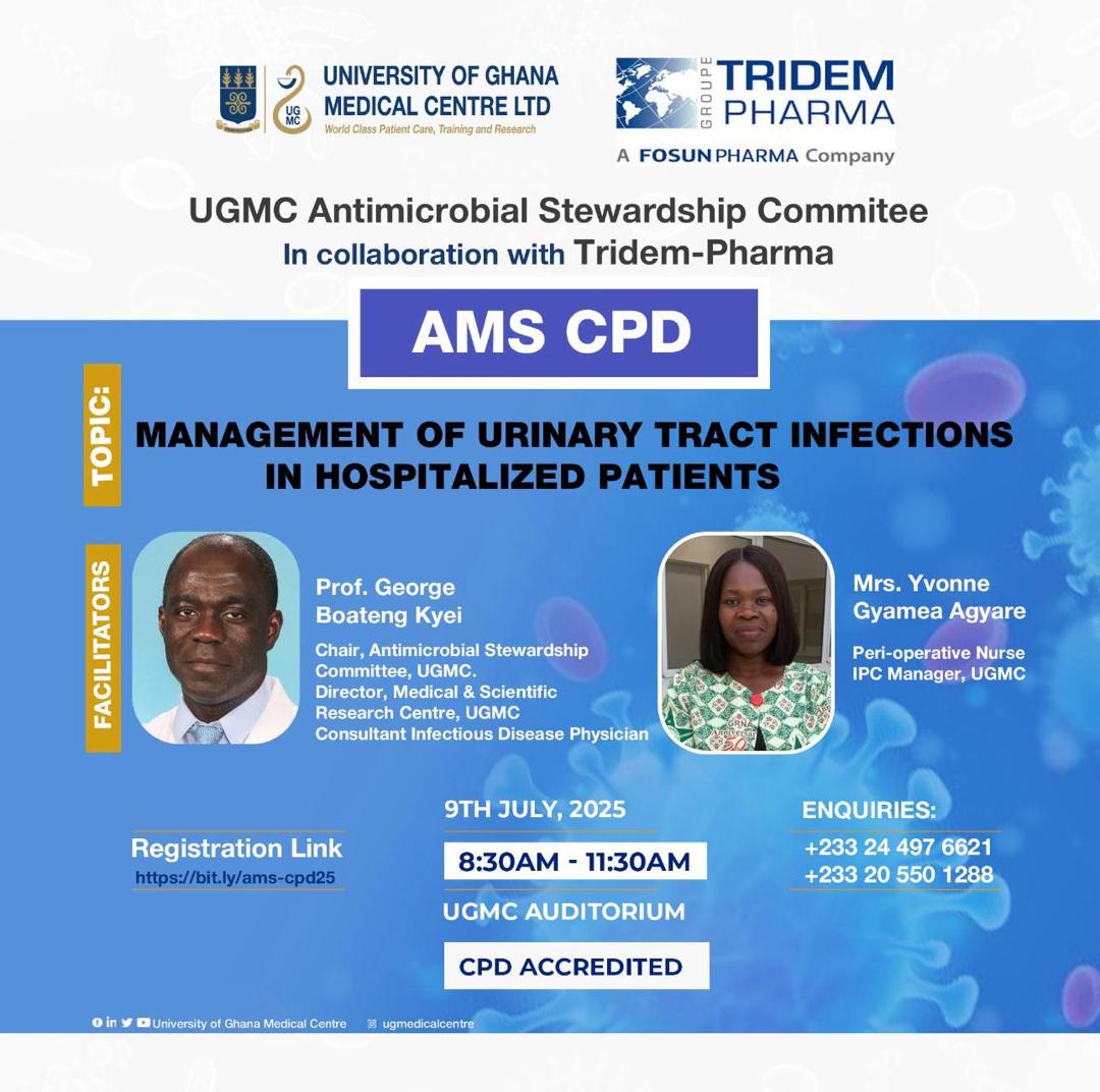 UGMCSim's tweet image. COMING UP: Antimicrobial Stewardship (AMS) CPD. 
Topic: Management of Urinary Tract Infections in Hospitalised Patients
Date: 9th July 2025
Join Us!
#ugmcsim #healthsimulation #simulation #cpd #healthcare #heatheducation #events #rentals #ugmc #mtsc