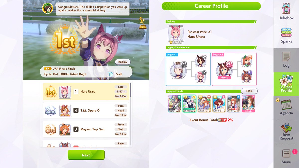 ribbonytw's tweet photo. i got my first career win with haru urara!! 😭🩷 #umamusumeprettyderby https://t.co/TlLUggSJEv