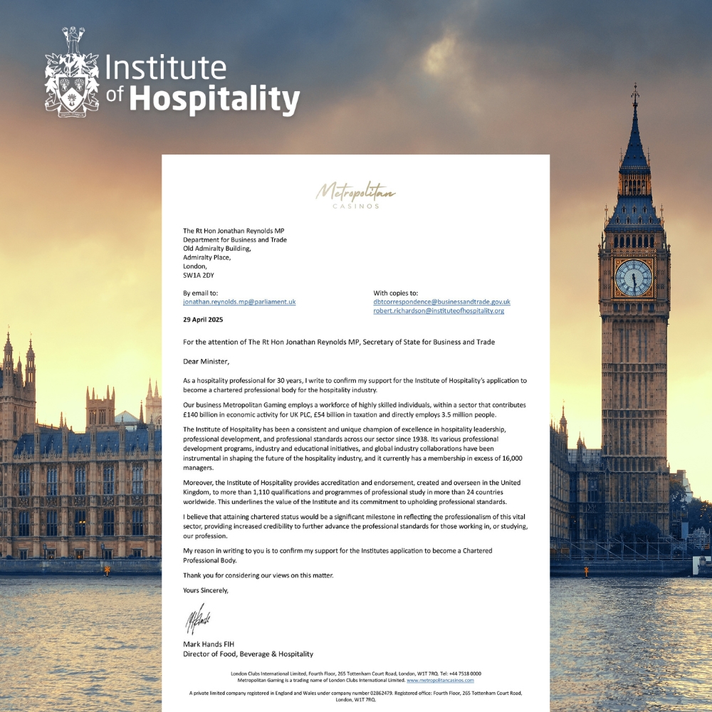 IoH_Online's tweet image. Thank you to Metropolitan Casinos for supporting our application for Chartered Status by sending a letter to the UK government's Secretary of State for Business and Trade.
We are incredibly grateful for your support.
#CharteredStatus #HospitalityFamily #SupportForChange