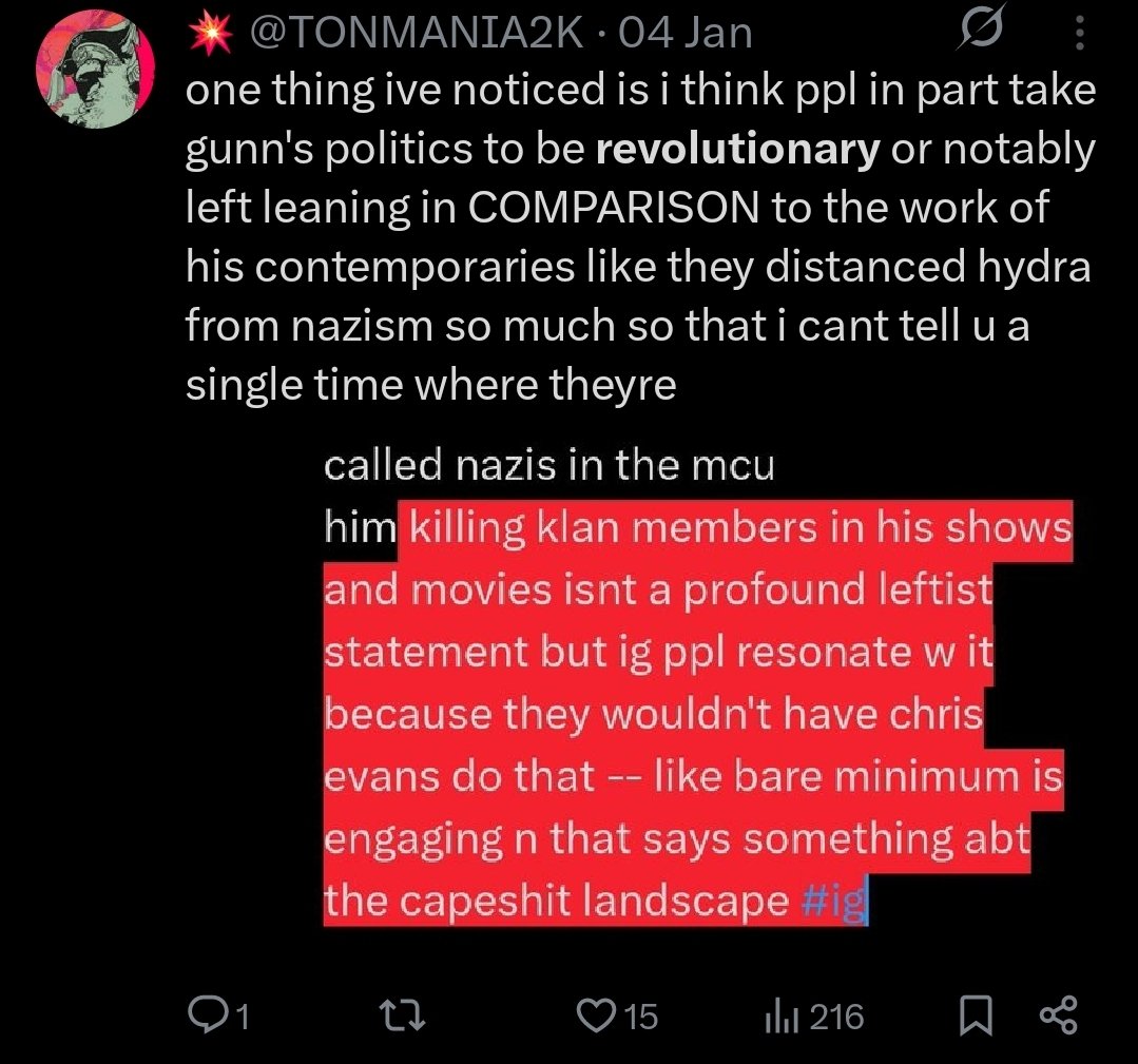 TONMANIA2K's tweet photo. #moreon the political nothingness of what ppl have grown accustomed to from their capeshit making gunn #resonate w some niggas😭
#justatheory https://t.co/QBjPicklv6