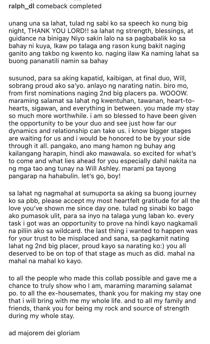ralph de leon’s post-pbb 2nd big placer ig post

i am touched by his message on will, pinakamahaba na paragraph yun.🫵🏻😭🤚
tas all pics used,  nandun si will