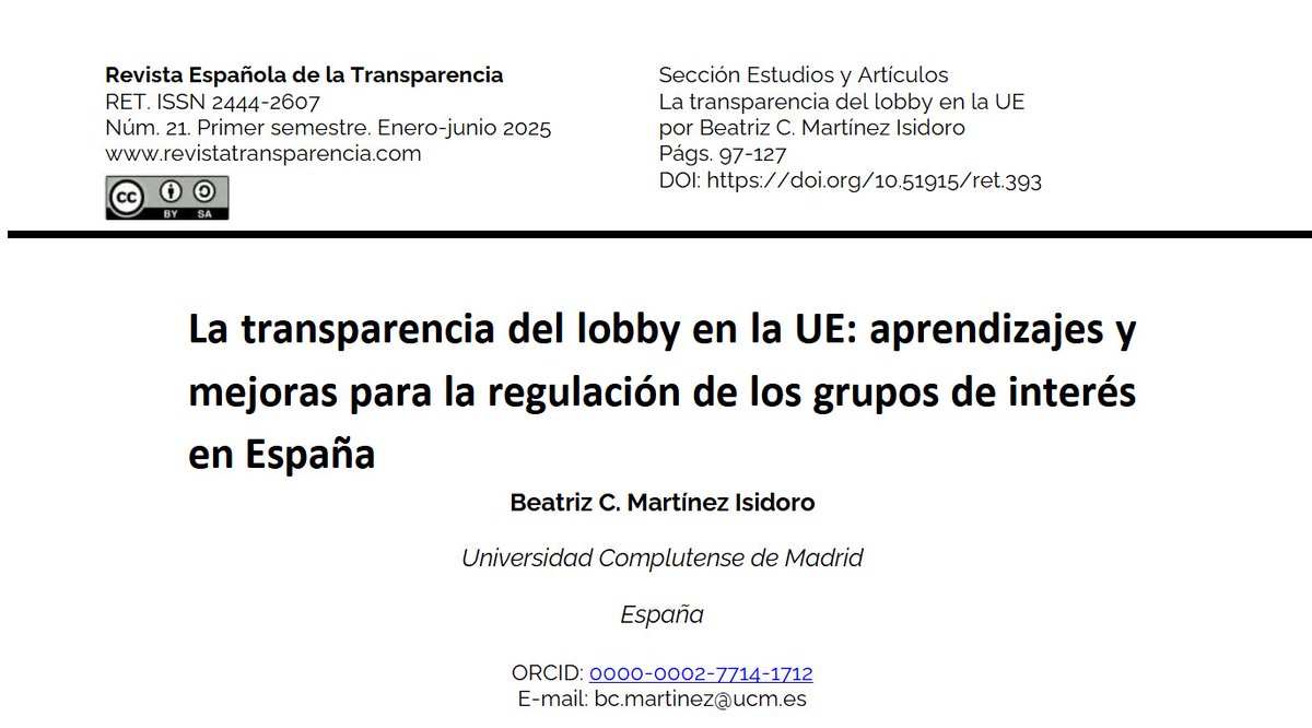 Revista Española de la Transparencia #RET (@retransparencia) on Twitter photo 🇪🇺👥«La transparencia del lobby en la UE: aprendizajes y mejoras para la regulación de los grupos de interés en España». Publica <a href="/Bc_MaRTiSi/">Beatriz C. Martisi</a> (<a href="/unicomplutense/">Complutense</a>) en #RET21 este interesante trabajo que puedes leer y descargar en el siguiente enlace:
🔗revistatransparencia.com/ojs/index.php/… 🇪🇺👥«La transparencia del lobby en la UE: aprendizajes y mejoras para la regulación de los grupos de interés en España». Publica <a href="/Bc_MaRTiSi/">Beatriz C. Martisi</a> (<a href="/unicomplutense/">Complutense</a>) en #RET21 este interesante trabajo que puedes leer y descargar en el siguiente enlace:
🔗revistatransparencia.com/ojs/index.php/…