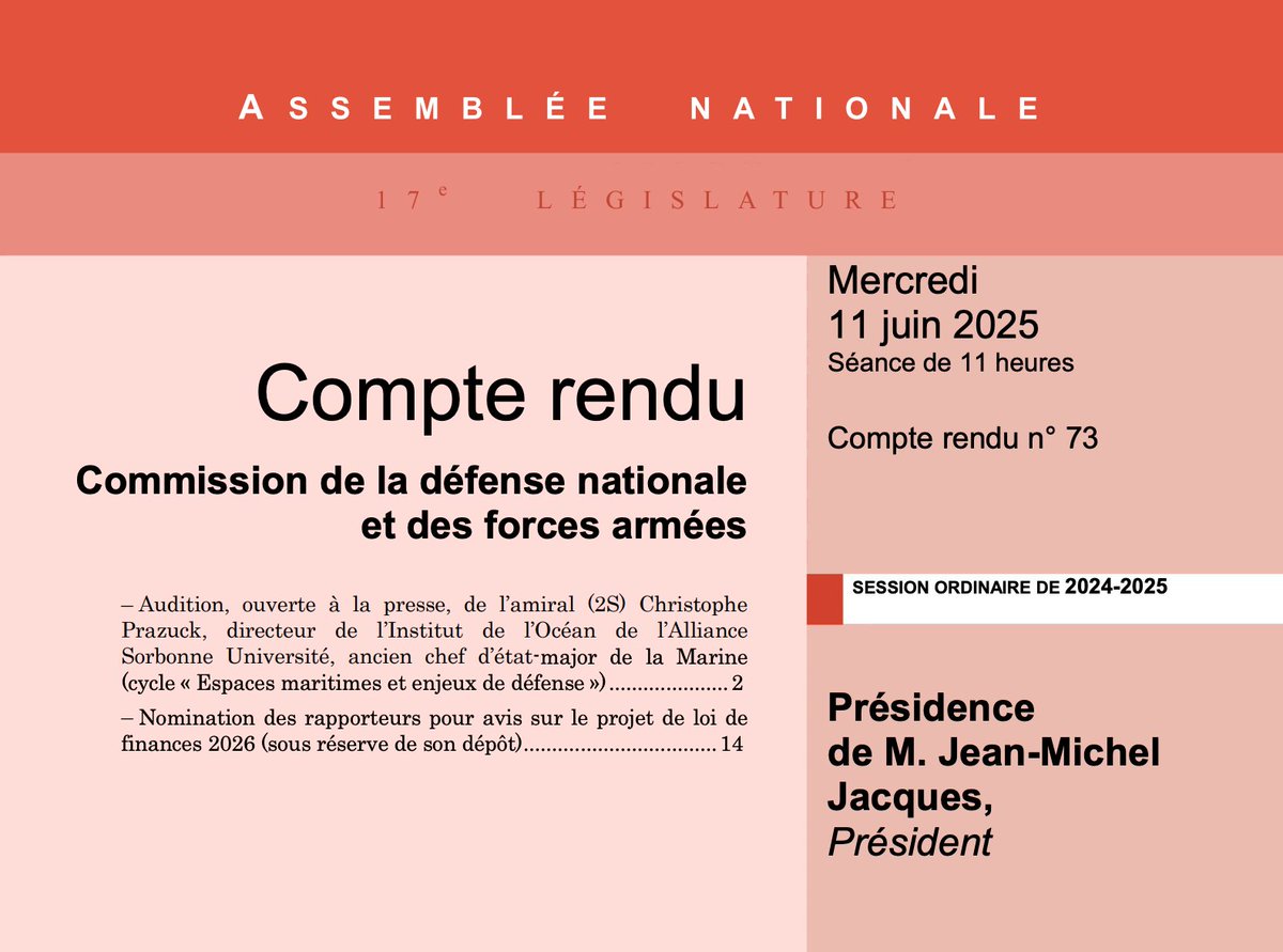 AN_Defense's tweet image. 📙 Le compte-rendu de l'audition de l’amiral (2S) Christophe Prazuck, directeur de l'@InstitutOcean, ancien chef d’état‑major de la Marine nationale, sur les espaces maritimes et les enjeux de #défense est en ligne 👉 assnat.fr/BIKVKB.
#DirectAN