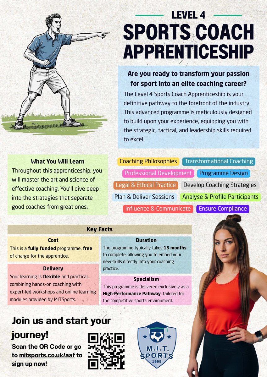 Ready to elevate your coaching career? 🚀The Level 4 Sports Coach Apprenticeship from MITSports is your pathway to elite coaching! 

Learn more and apply at MITSports.co.uk/aaf or scan the QR code!

#SportsCoach #Apprenticeship #LevelUpYourCoaching #MITSports #EliteCoaching