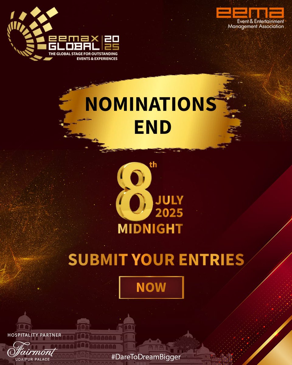 Time's Ticking! 

Nominations for EEMAX Global 2025 close on July 8th, midnight!

Did your work inspire, impact, or innovate? 
This is your moment to shine on the global stage.

Submit your entries NOW!

🔗eemax.eemaindia.com

#EEMAXGlobal2025 #DareToDreamBigger #EEMAIndia