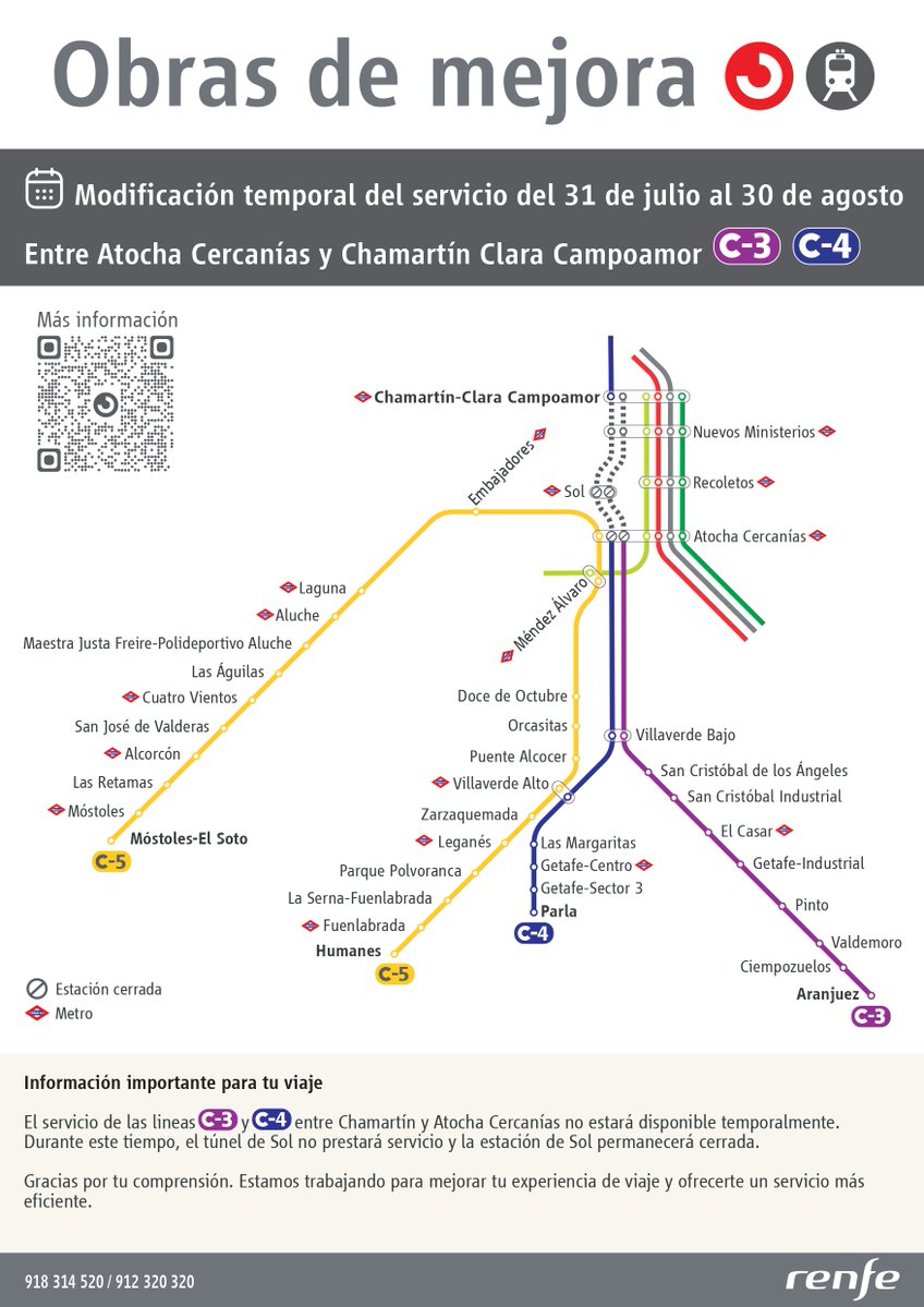 🚆 Por obras de mejora en la estación Atocha Cercanías, del 19 de julio al 30 de agosto las líneas C3 y C4 no tendrán servicio entre Atocha y Chamartín, y la estación de Sol estará cerrada durante este periodo.

Más información 
renfe.com/es/es/grupo-re…