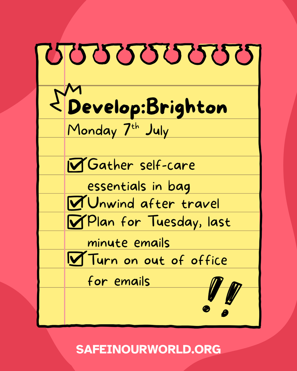 SafeInOurWorld's tweet image. To do list? Nap, tbh. 😂 Are you ready for Develop:Brighton?
There's still time to book for our Safe Break mixer tomorrow.
👉 eu1.hubs.ly/H0lwCGp0