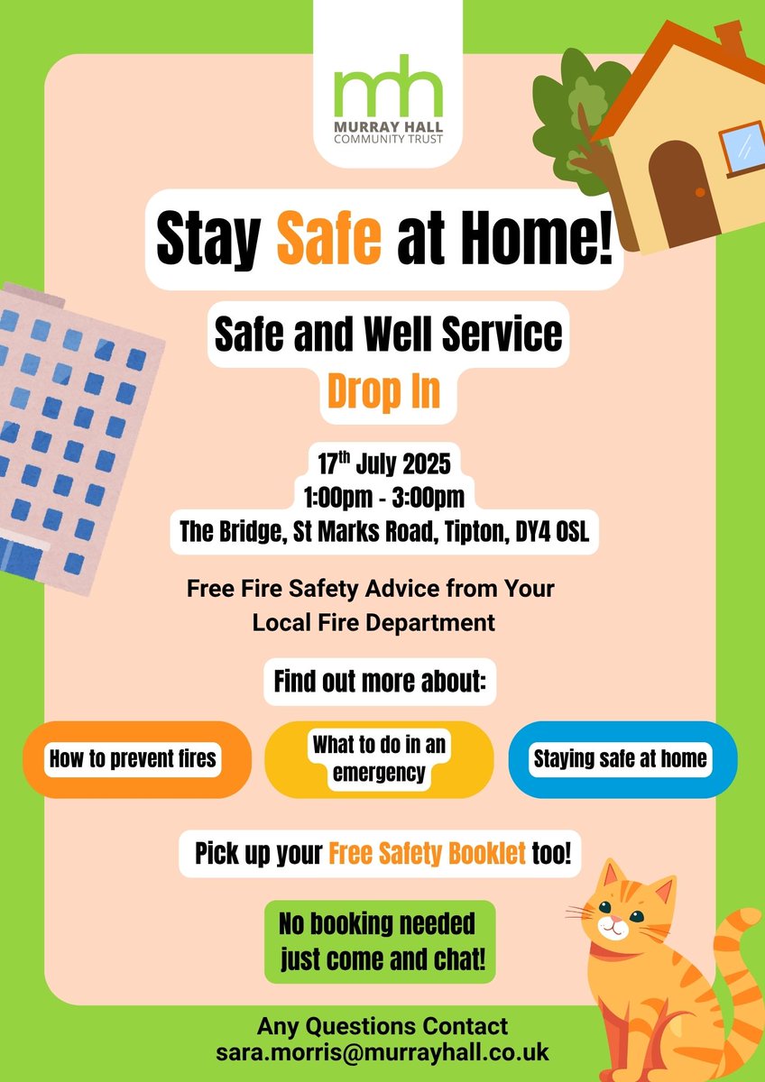 Murray Hall Community Trust (@murrayhallct) on Twitter photo Stay Safe at Home!
Join your local fire brigade for a free Safe and Well Service drop-in event!
📍 The Bridge, St Marks Road, Tipton, DY4 0SL
📅 17 July 2025 ⏰ 1:00 PM – 3:00 PM
No booking needed – just drop in and have a chat!
Questions? Contact sara.morris@murrayhall.co.uk Stay Safe at Home!
Join your local fire brigade for a free Safe and Well Service drop-in event!
📍 The Bridge, St Marks Road, Tipton, DY4 0SL
📅 17 July 2025 ⏰ 1:00 PM – 3:00 PM
No booking needed – just drop in and have a chat!
Questions? Contact sara.morris@murrayhall.co.uk