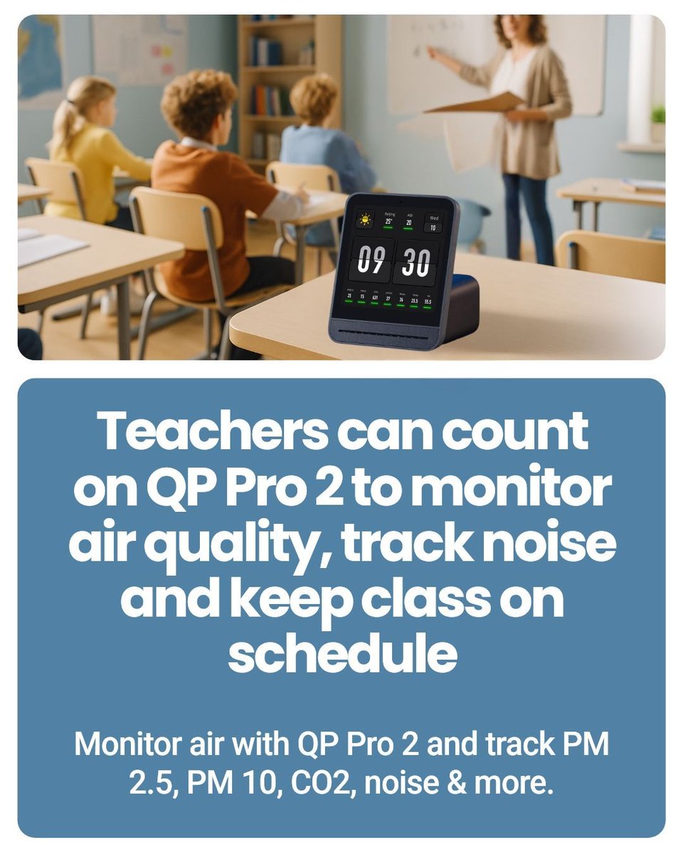 SmartairUk's tweet image. Say goodbye to classroom air quality concerns with the QP Pro 2! From monitoring noise levels to tracking CO2 & PM levels, it facilitates a perfect ambiance for learning.
Tools like these make a difference. What’s your take?
📖 bit.ly/40Fmlbb
#TeacherTools