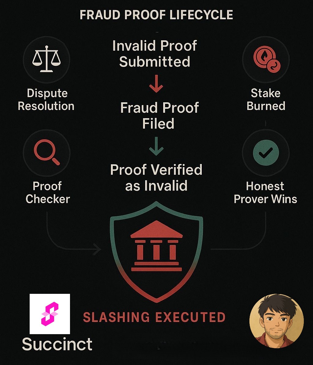 <a href="/SuccinctLabs/">Succinct</a> 
How Fraud Proofs &amp; Slashing Keep Succinct Honest

⚔️ What if a prover submits a bad proof?

Succinct has a built-in fraud proof and slashing system to keep the Prover Network honest- no central authority required.

🔐 Here’s how it works:
1️⃣ A prover submits a