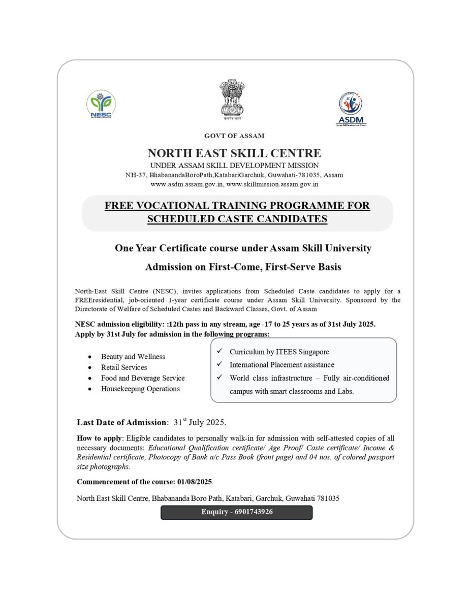 Pleased to share that the North East Skill Centre is offering a free residential one-year vocational training for Scheduled Caste candidates.

I encourage eligible youth to enrol and make the most of this opportunity.

📅 Last date to apply: 31st July 2025
📞 Enquiry: 6901743926