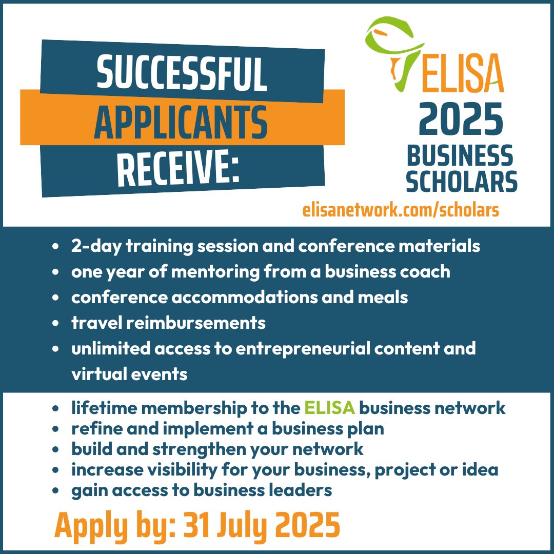 This is a great, no-cost opportunity to hone your entrepreneurial skills and get a full year of coaching from business leaders. Click here to apply; elisanetwork.com/scholars/