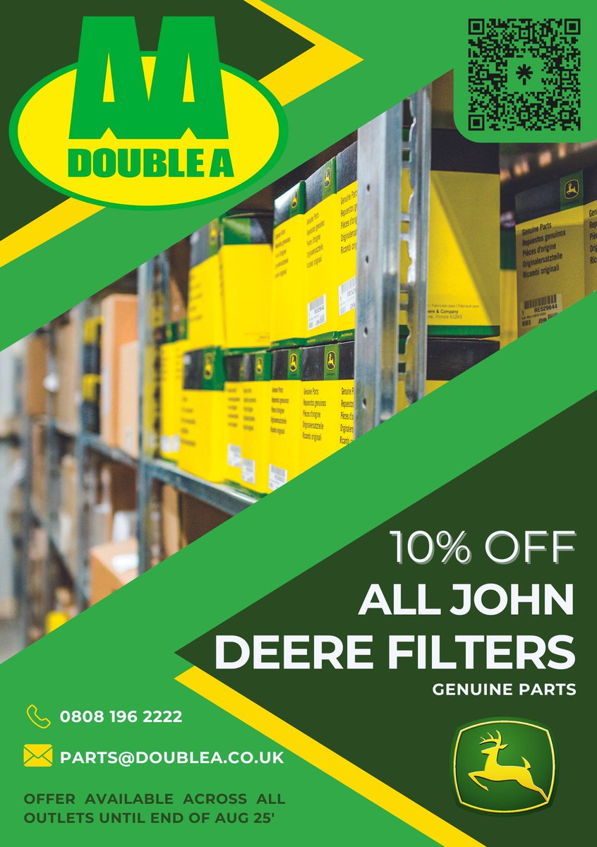 Double A (@doubleatrading) on Twitter photo 💚PARTS OFFER💚
Enjoy 10% off all John Deere filters! 🦌🛠️
Visit us across our outlets in Fife, Glasgow & Aberdeen or call us today to order yours! Make sure you don't miss out on this offer, available until the end of August!
📞 0808 196 2222
✉️ parts@doublea.co.uk
🌍 💚PARTS OFFER💚
Enjoy 10% off all John Deere filters! 🦌🛠️
Visit us across our outlets in Fife, Glasgow & Aberdeen or call us today to order yours! Make sure you don't miss out on this offer, available until the end of August!
📞 0808 196 2222
✉️ parts@doublea.co.uk
🌍