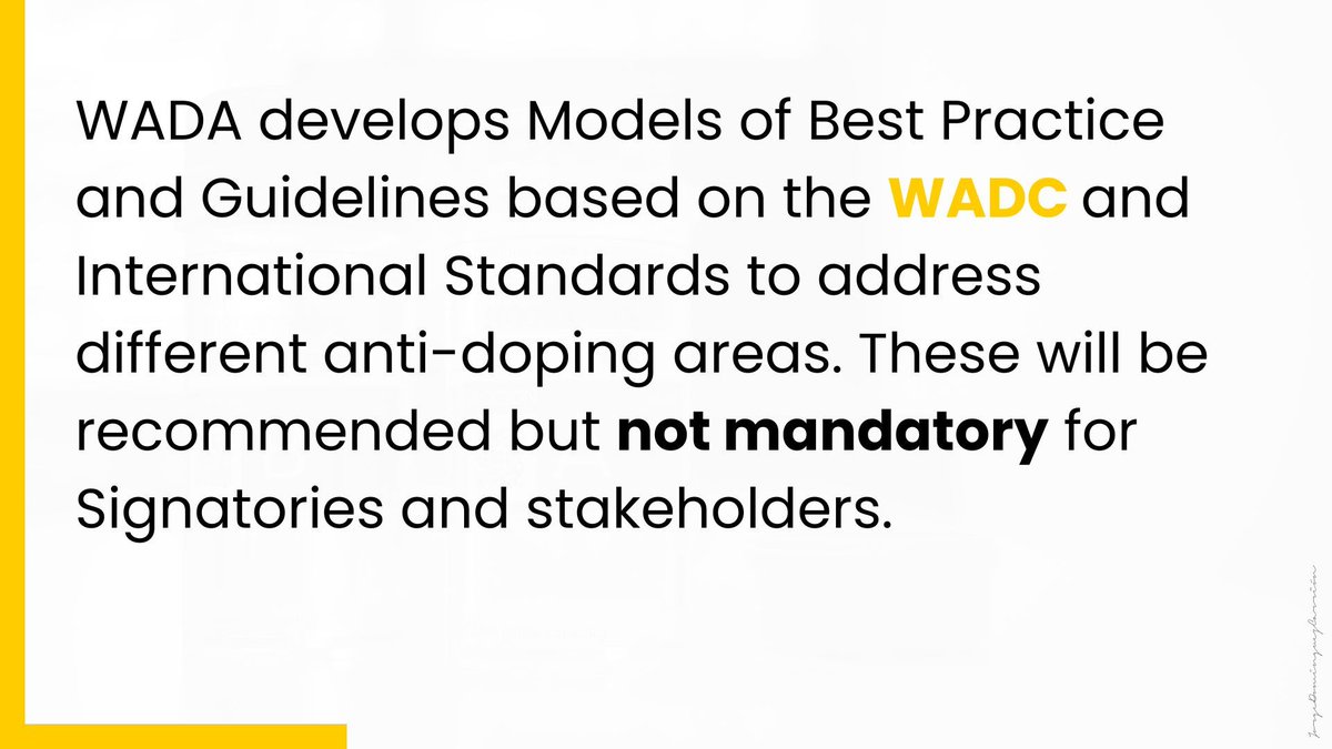 📗 Did you know?

WADA develops comprehensive Models of Best Practice and Guidelines in harmony with the WADC and International Standards, addressing numerous anti-doping challenges. These guidelines serve as recommendations, not mandatory rules, for stakeholders and Signatories.