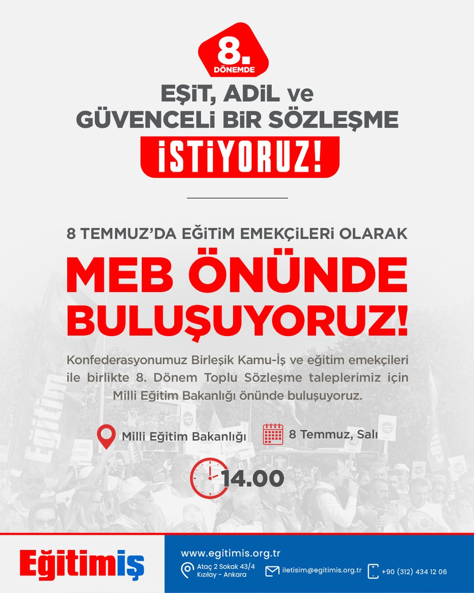 Eğitim emekçileri olarak haklarımız için bir araya geliyoruz!
Konfederasyonumuz Birleşik Kamu-İş ve Eğitim-İş, 8. Dönem Toplu Sözleşme taleplerimizi dile getirmek üzere 8 Temmuz Salı günü saat 14.00’te Milli Eğitim Bakanlığı önünde buluşuyoruz.

Yer: Milli Eğitim Bakanlığı önü