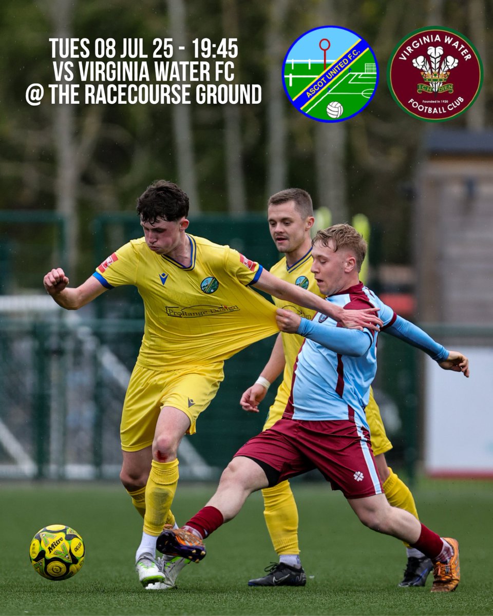 Ascot United FC (@ascotunitedfc) on Twitter photo 𝐓𝐮𝐞𝐬𝐝𝐚𝐲 𝐧𝐢𝐠𝐡𝐭 𝐚𝐜𝐭𝐢𝐨𝐧 𝐚𝐭 𝐓𝐡𝐞 𝐑𝐚𝐜𝐞𝐜𝐨𝐮𝐫𝐬𝐞
Tues 08 Jul - 19:45
vs <a href="/vwfcofficial/">Virginia Water FC</a>
The Racecourse Ground, SL5 7LJ
£5 Adults, £3 Conc, £1 U18's
Get your tickets here - f.mtr.cool/svrhwdlmro
#WeAreAscot #UpTheYellas💛💙 𝐓𝐮𝐞𝐬𝐝𝐚𝐲 𝐧𝐢𝐠𝐡𝐭 𝐚𝐜𝐭𝐢𝐨𝐧 𝐚𝐭 𝐓𝐡𝐞 𝐑𝐚𝐜𝐞𝐜𝐨𝐮𝐫𝐬𝐞
Tues 08 Jul - 19:45
vs <a href="/vwfcofficial/">Virginia Water FC</a>
The Racecourse Ground, SL5 7LJ
£5 Adults, £3 Conc, £1 U18's
Get your tickets here - f.mtr.cool/svrhwdlmro
#WeAreAscot #UpTheYellas💛💙