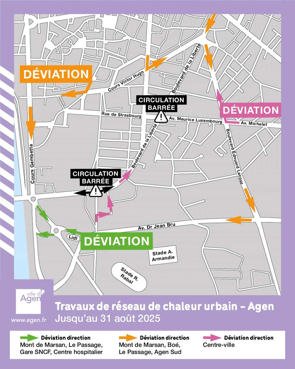 [⚠ TRAVAUX RÉSEAU DE CHALEUR URBAIN À AGEN] 
🔴 Mise à jour
🚧 𝐏𝐞𝐫𝐭𝐮𝐫𝐛𝐚𝐭𝐢𝐨𝐧𝐬 𝐢𝐦𝐩𝐨𝐫𝐭𝐚𝐧𝐭𝐞𝐬 𝐝𝐞 𝐜𝐢𝐫𝐜𝐮𝐥𝐚𝐭𝐢𝐨𝐧 𝐚̀ 𝐩𝐫𝐞́𝐯𝐨𝐢𝐫 𝐬𝐮𝐫 𝐞𝐭 𝐚𝐮𝐭𝐨𝐮𝐫 𝐝𝐮 𝐛𝐨𝐮𝐥𝐞𝐯𝐚𝐫𝐝 𝐝𝐞 𝐥𝐚 𝐋𝐢𝐛𝐞𝐫𝐭𝐞́ 𝐚̀ 𝐀𝐠𝐞𝐧. ℹ️ 👉 agen.fr/en-ce-moment/a…