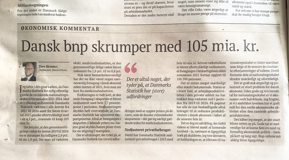 Statistisk mega-nedjustering af dansk økonomi 2019-2024: DK har ikke haft mærkbar BNP-vækst, siden regeringen Frederiksen tiltrådte …😳 

Cheføkonom, Dansk Erhverv: ‘Dele af nationalregnskabet fremstår direkte mærkeligt og uforståeligt.’

[screenshot Børsen 7. juli 2025] #dkpol
