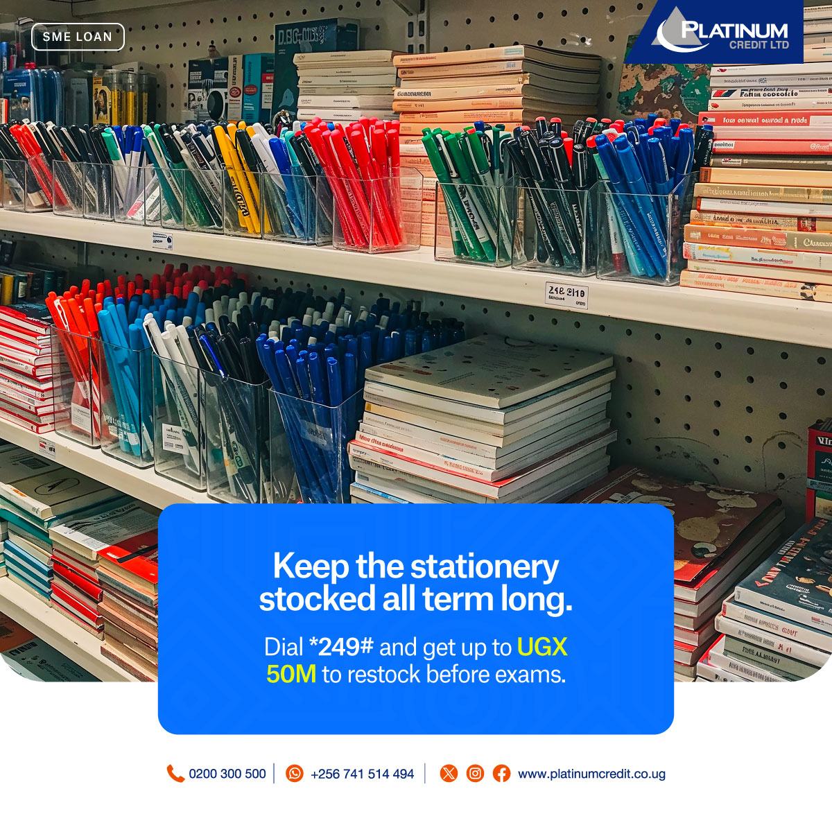 Whether it’s exercise books, math sets, or pens, we help your stationery shop stay supplied all year round.

Dial *249# and get up to UGX 50M to restock before exams.

For more tips, simply call us on 0200300500, WhatsApp us on 0741514494 or visit our website: