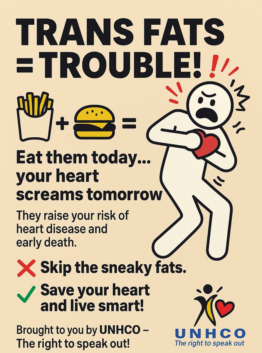 Trans fats are bad news.
They hide in food, hurt your heart, and do you no good.
Say NO to trans fats and YES to a healthy life.
#TransFatFreeUG 
 #TransFatFreeEAC 
 #RegulateTransFatNow