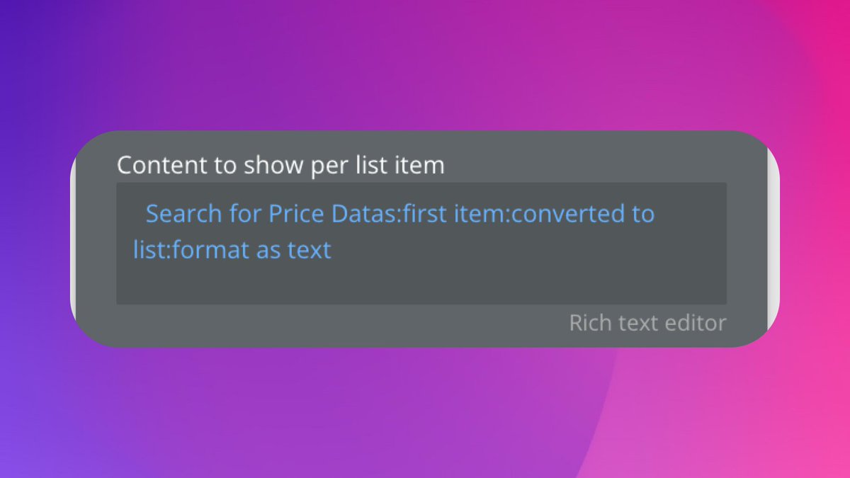 george_nqu's tweet image. If you've got a pattern like this in @bubble , try Search:first item:converted to list:format as text.

Then, use 'This Item's X' to reference all of the different fields, rather than duplicating the search.

This way, when you change the search, you only need to update it once.