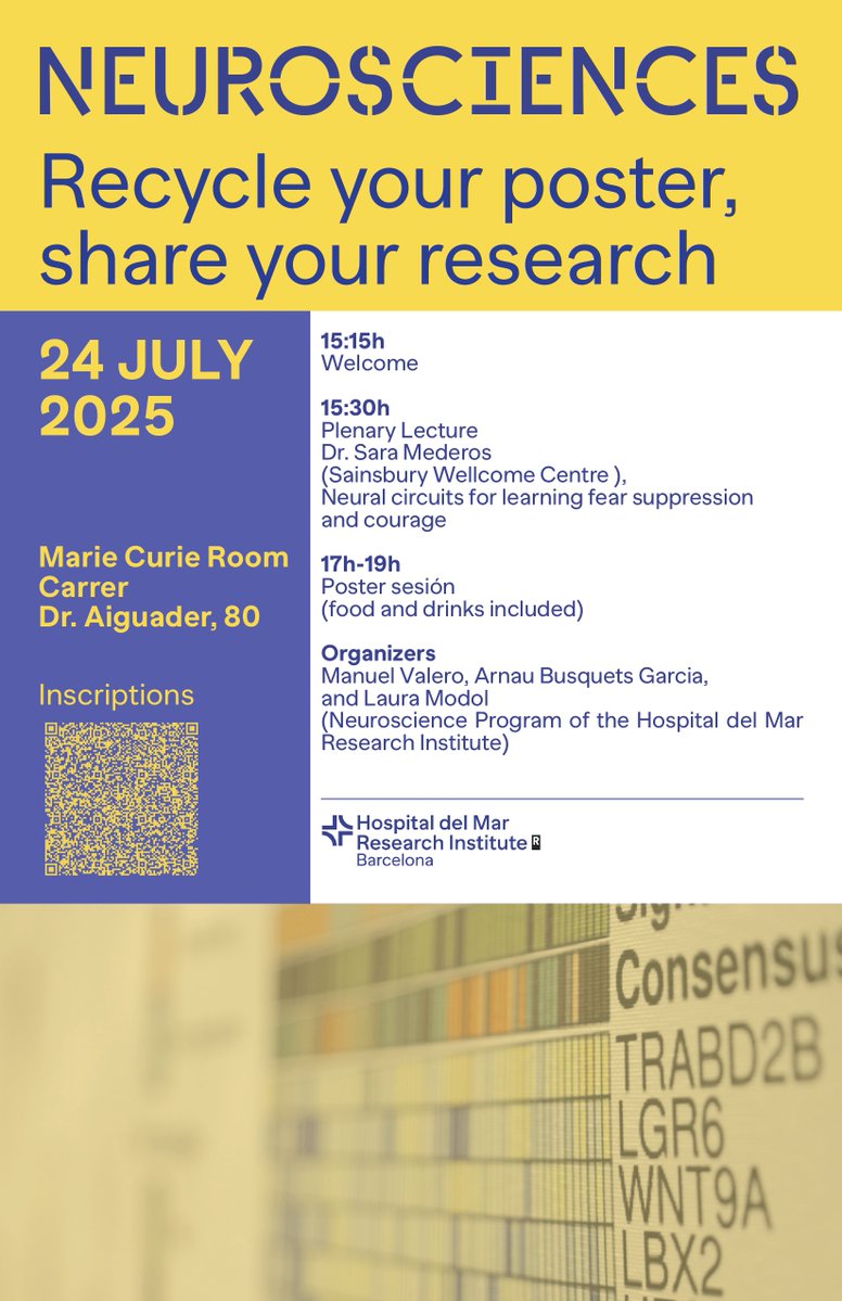 HMar Research Institute (@hmar_research) on Twitter photo Recycle your poster, share your research! New #Neuroscience event at @hmar_research
🗓️ July 24 ⏰15:15h 📍Marie Curie Room
👩🔬 Keynote by Dr. <a href="/SaraMederos_/">Sara Mederos</a> (<a href="/SWC_Neuro/">SWC</a>)
🔗 Register: forms.office.com/Pages/Response…
👉researchmar.net/agenda/968
<a href="/MValero87/">Manuel Valero</a> <a href="/BGarcialab/">Busquets-Garcia Lab</a> Recycle your poster, share your research! New #Neuroscience event at @hmar_research
🗓️ July 24 ⏰15:15h 📍Marie Curie Room
👩🔬 Keynote by Dr. <a href="/SaraMederos_/">Sara Mederos</a> (<a href="/SWC_Neuro/">SWC</a>)
🔗 Register: forms.office.com/Pages/Response…
👉researchmar.net/agenda/968
<a href="/MValero87/">Manuel Valero</a> <a href="/BGarcialab/">Busquets-Garcia Lab</a>
