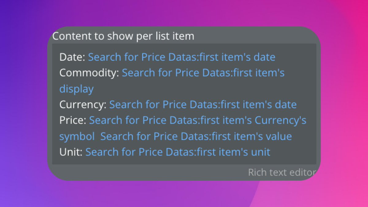 george_nqu's tweet image. If you've got a pattern like this in @bubble , try Search:first item:converted to list:format as text.

Then, use 'This Item's X' to reference all of the different fields, rather than duplicating the search.

This way, when you change the search, you only need to update it once.