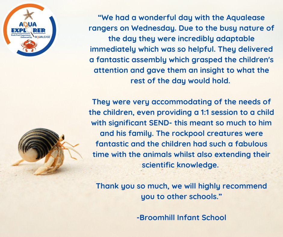 Thank you for your wonderful feedback <a href="/broomhill_inf/">Broomhill Infants</a>!  We're happy to hear you had a fabulous day with our rangers! 🦀🐚🌊

#RockPoolExperience #Aqualease #MarineLifeInTheClassroom #HandsOnLearning #Conservation #Education
#AquaExplorer #MarineEducation #RockPool #MarineBiology