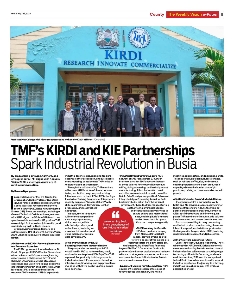 KIRDI Kenya (@kirdi_kenya) on Twitter photo Proud to be featured in The Weekly Vision e-Paper (Week of July 7–13, 2025)!
Our partnership with TMF and <a href="/KIE_Kenya/">Kenya Industrial Estates (KIE)</a> is empowering farmers, MSMEs, and entrepreneurs in Busia County through research, technology, and value addition.
#KIRDI <a href="/WeeklyVision/">The Weekly Vision Media Co.</a> #Research Proud to be featured in The Weekly Vision e-Paper (Week of July 7–13, 2025)!
Our partnership with TMF and <a href="/KIE_Kenya/">Kenya Industrial Estates (KIE)</a> is empowering farmers, MSMEs, and entrepreneurs in Busia County through research, technology, and value addition.
#KIRDI <a href="/WeeklyVision/">The Weekly Vision Media Co.</a> #Research