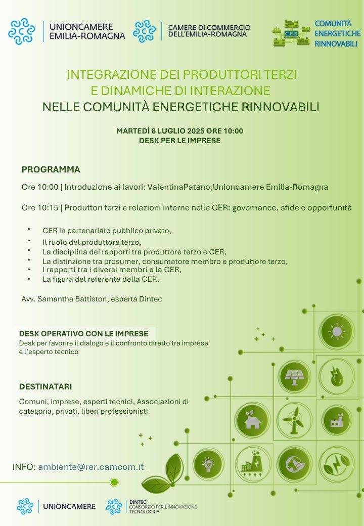 CamCom Modena (@camcommodena) on Twitter photo ๐ก Sei un Comune, un'impresa, o un professionista del settore energetico? Scopri come gestire l'integrazione dei produttori terzi nelle #CER.
Webinar gratuito 8 luglio h. 10-12
Dettagli e iscrizioni: conference-web-it.zoom.us/webinar/registโฆ
<a href="/UnioncamereER/">Unioncamere Emilia-Romagna</a> <a href="/DINTEC_Scrl/">DINTEC</a> <a href="/unioncamere/">Unioncamere</a> #sostenibilitร ๐ก Sei un Comune, un'impresa, o un professionista del settore energetico? Scopri come gestire l'integrazione dei produttori terzi nelle #CER.
Webinar gratuito 8 luglio h. 10-12
Dettagli e iscrizioni: conference-web-it.zoom.us/webinar/registโฆ
<a href="/UnioncamereER/">Unioncamere Emilia-Romagna</a> <a href="/DINTEC_Scrl/">DINTEC</a> <a href="/unioncamere/">Unioncamere</a> #sostenibilitร