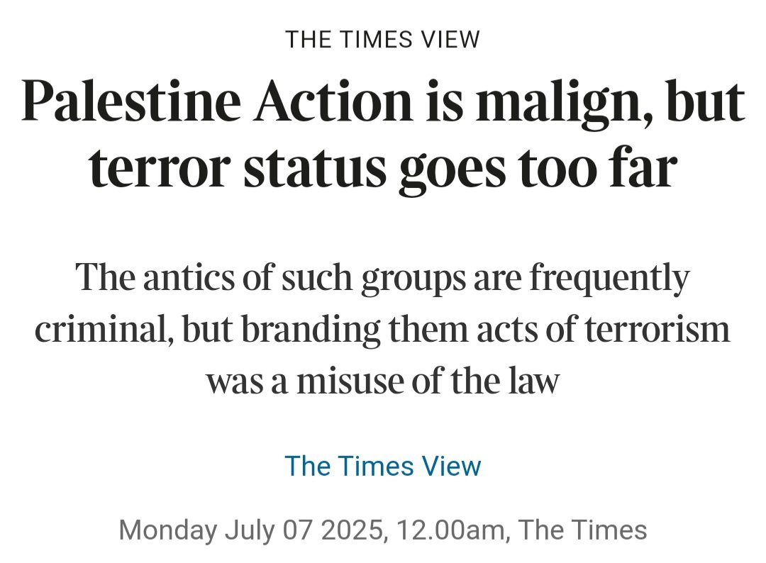 Even the Times thinks Starmer and Cooper have gone too far in banning Palestine Action...

Yet most Labour MPs voted for it like lemmings. And the LibDems feebly abstained.