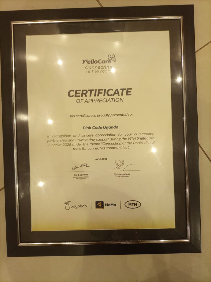 Grateful to MTN for recognizing PinkCode Uganda at the Y’elloCare Partner Appreciation Dinner 2025. 💛 We’re committed to building safe, connected digital communities through initiatives like The Cyber Guardians Project. #PinkCodeUganda #YelloCare2025 #TheCyberGuardiansProject