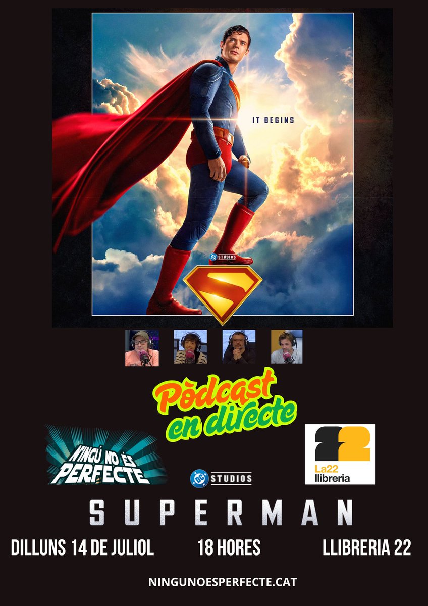 ningunoes's tweet image. ‼️Pòdcast en directe
📆 Dilluns 14 de juliol, 18 hores
🌍 @LLIBRERIA22, Espai 22
🦸🏻‍♂️Especial  #Superman amb espòilers 
🆓 Entrada gratuïta