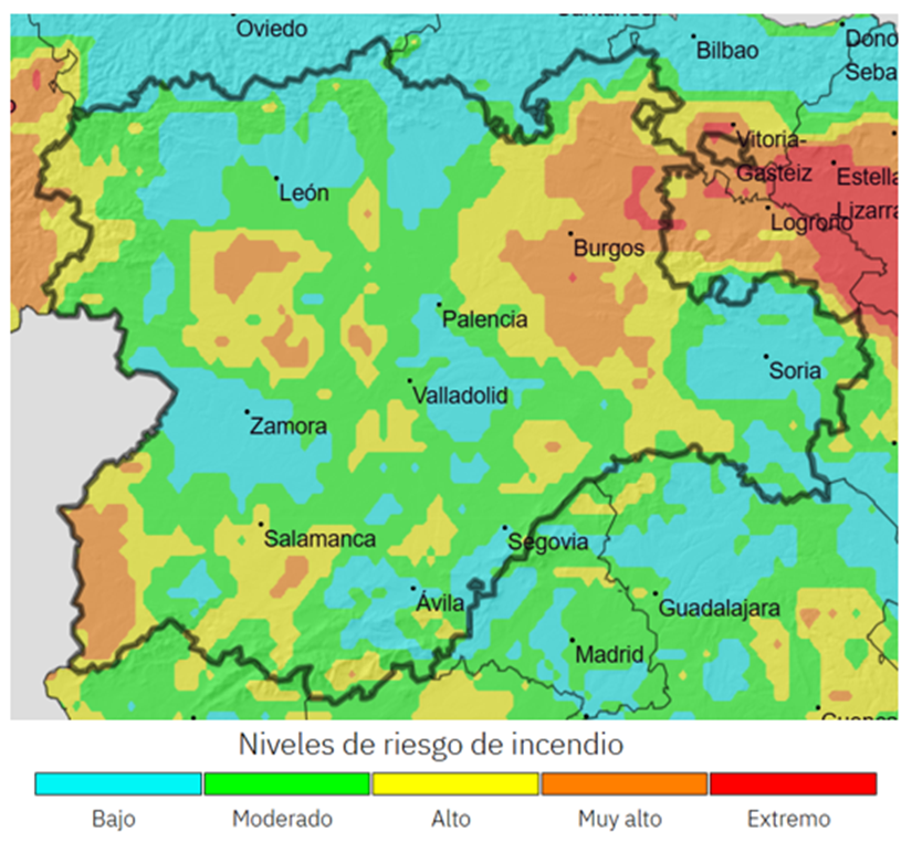 🌡️Tass máximas en descenso, por encima de 27ºC. Hasta 36ºC en S de AV y SA.
🌧️Chubascos dispersos en zonas del N (C. Cantábrica)
🌬️Viento de componente N (LE) y NE (resto), más intensos en SA y S de AV, llegando a 35-40 km/h por la tarde
🔥Riesgo de #IIFF extremo sólo al E de BU.