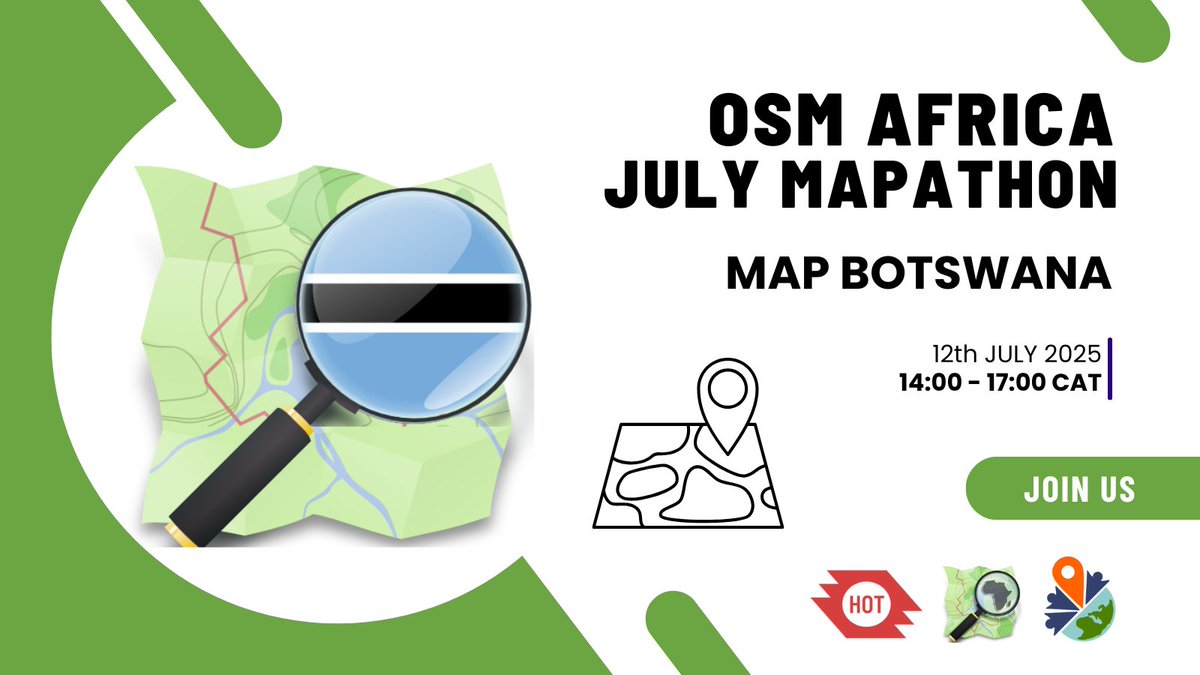This Saturday, July 12th, join the OSM Africa July Mapathon to collaboratively map Botswana.

Hosted by <a href="/MappingBotswana/">Mapping Botswana</a> in partnership with <a href="/osmafrica/">OpenStreetMap Africa</a>.

🗓️ Date: July 12th, 2025 
🕑 Time: 14:00 CAT

Register here: forms.gle/eK2MAE5HvQELBM…
#OpenStreetMap #OpenMapping
