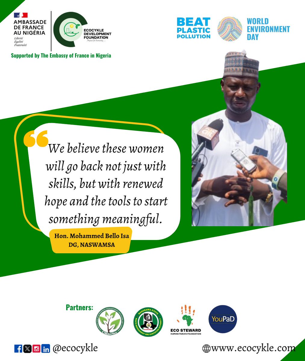 ecocykle's tweet image. “We believe these women will return not just with skills, but with renewed hope and tools to spark meaningful change.” — DG, NASWAMSA
Through #Plastic2Creative, women are turning plastic waste into opportunity, dignity & sustainable income.
#Uke2025
#BeatPlasticPollution