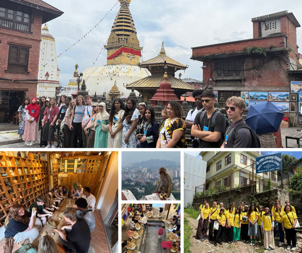 NewColBradford's tweet image. New College Bradford students are loving their #ChallengesAbroad trip in Nepal! 🇳🇵✈️🌏
After starting teaching at a local school (Grades 5–7), they’ve celebrated a birthday with pizza and cake 🍕🍰 🎉, explored the Monkey Temple 🐒, tried pottery 🎨, and visited an art school.