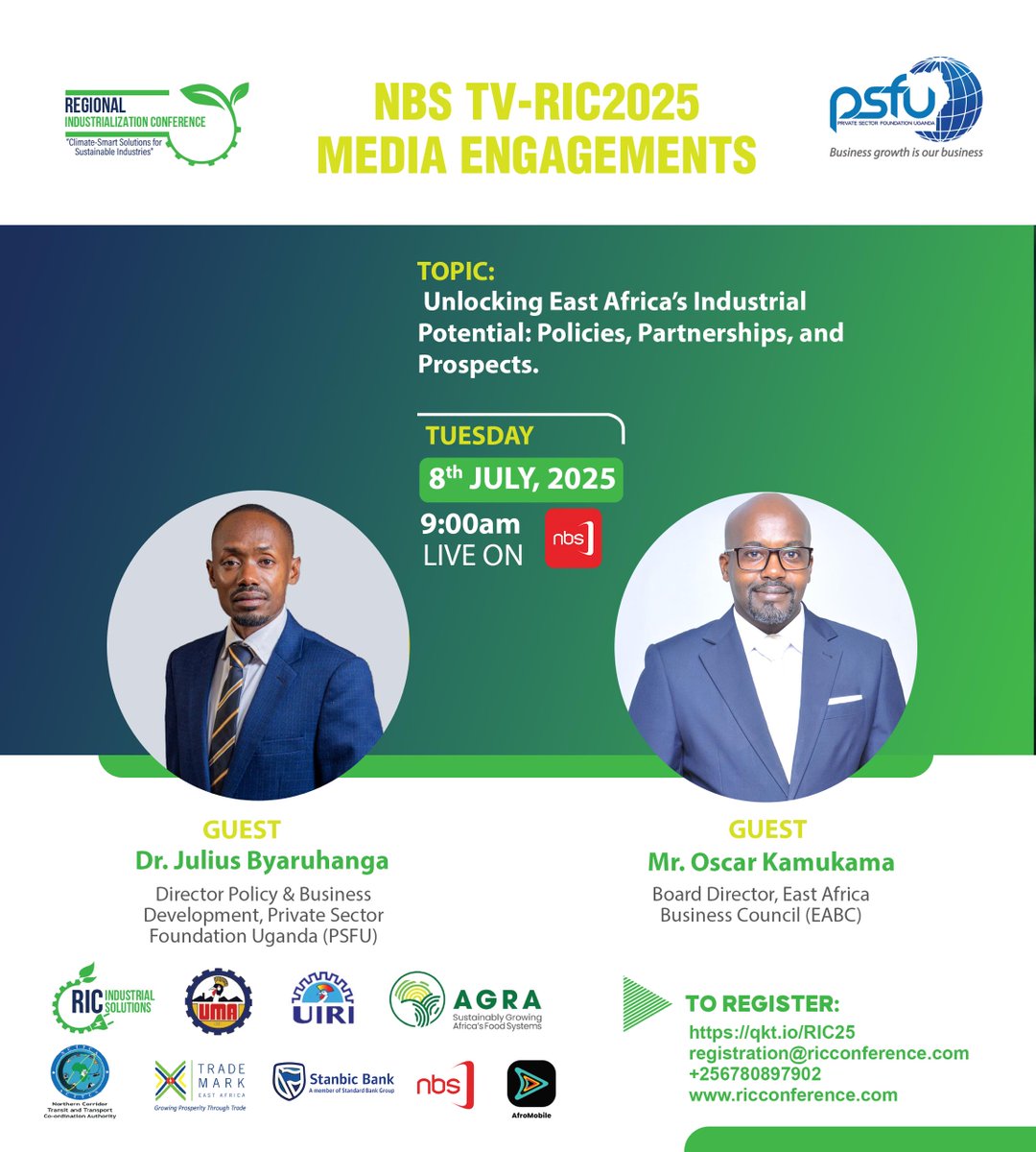 Regional Industrialization Conference (@ricconference) on Twitter photo ๐บ Join us on <a href="/nbstv/">NBS Television</a> this Tuesday, July 8 at 9:00AM for #RICConference Media Engagements!
Dr. <a href="/ByaruhangaJuliu/">Dr. J Byaruhanga</a> (<a href="/PSF_Uganda/">Private Sector Foundation Uganda</a>) & Mr. <a href="/OscarKamukama/">OSCAR KAMUKAMA</a> (<a href="/EABCSecretariat/">EABC</a>) discuss:
"Unlocking East Africaโs Industrial Potential: Policies, Partnerships & Prospects"
๐๏ธ Catch such ๐บ Join us on <a href="/nbstv/">NBS Television</a> this Tuesday, July 8 at 9:00AM for #RICConference Media Engagements!
Dr. <a href="/ByaruhangaJuliu/">Dr. J Byaruhanga</a> (<a href="/PSF_Uganda/">Private Sector Foundation Uganda</a>) & Mr. <a href="/OscarKamukama/">OSCAR KAMUKAMA</a> (<a href="/EABCSecretariat/">EABC</a>) discuss:
"Unlocking East Africaโs Industrial Potential: Policies, Partnerships & Prospects"
๐๏ธ Catch such