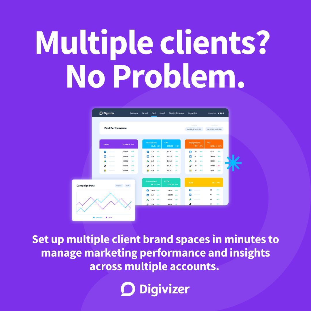 Digivizer's tweet image. Running campaigns for multiple clients on different platforms?
Digivizer’s Agency Analytics helps you manage it all:
✅Influencer & hashtag tracking
✅Real-time web + social insights
Your agency’s new best friend: digivizer.com/pricing/
#DigivizerAdvantage #DigitalMarketing