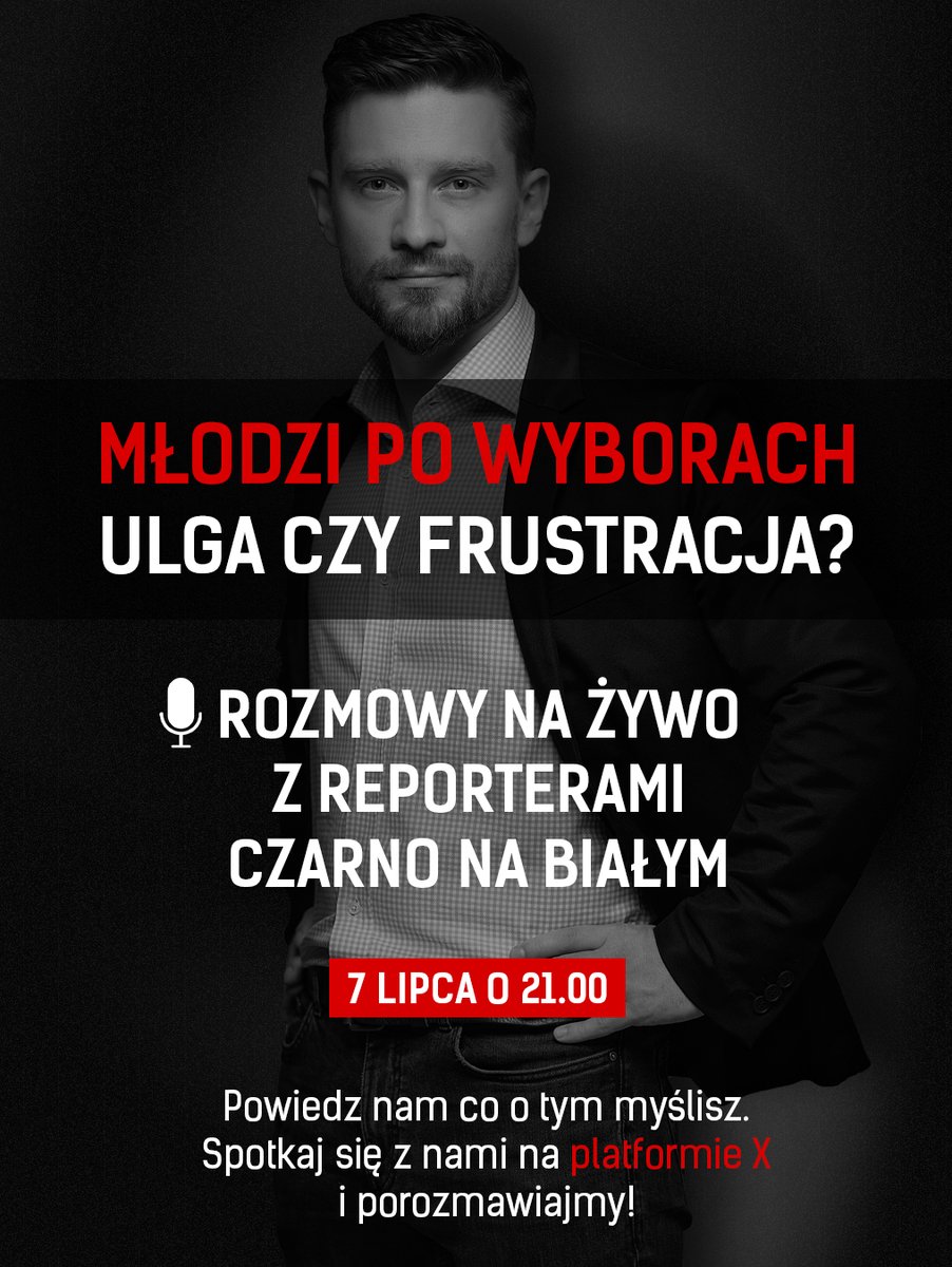 Dziś o 21.00 zapraszamy Was do naszego nowego pokoju „Czarno na białym” na X na pierwszą rozmowę na żywo z <a href="/awarcholinski/">Artur Warcholinski</a>, <a href="/O_Orzechowska/">Olga Orzechowska</a> i <a href="/KarolDejas/">Karol Dejas</a>.
🎙️ „Młodzi po wyborach. Ulga czy frustracja?”
📍Dołącz do pokoju tutaj: x.com/i/spaces/1OyKA…
Przyjdź, podziel się swoją