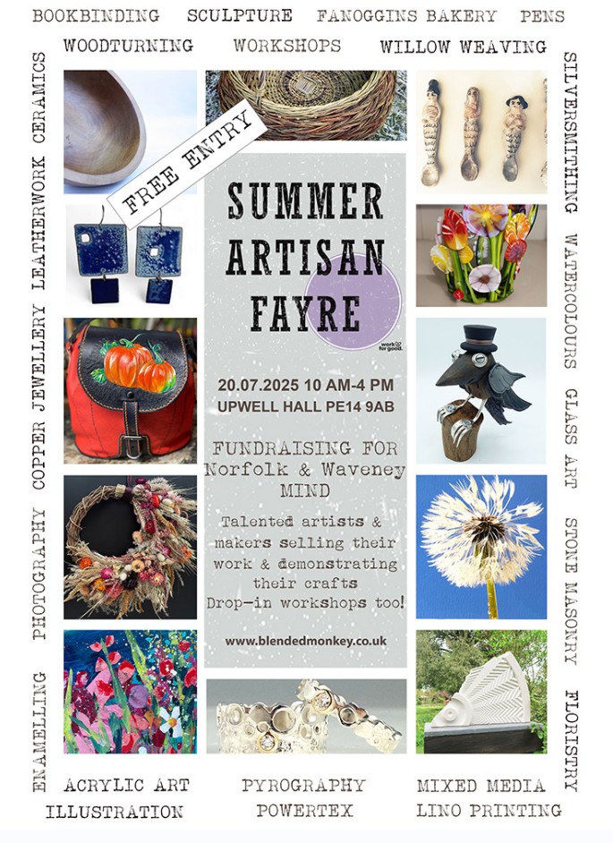 The Summer Artisan Fayre lands in Upwell, near Downham Market, on Sunday 20th July.
If you've ever wanted to have a go at pyrography, willow weaving, clay sculpting, embossing... this is the perfect opportunity to try your hand at something new!
blendedmonkey.co.uk/.../summer-art…...
