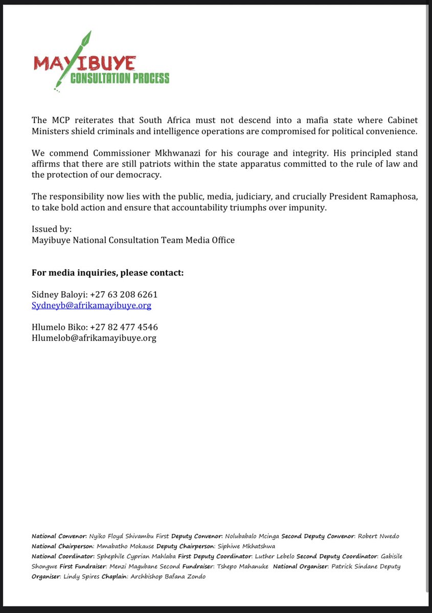 Mayibuye Statement on General Mkhwanazi! We commend Commissioner Mkhwanazi for his courage and integrity. His principled stand affirms that there are still patriots within the state apparatus committed to the rule of law and the protection of our democracy. #MayibuyeiAfrika!
