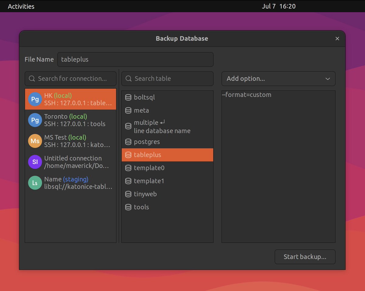 TablePlus's tweet image. We just added the backup/restore database feature to TablePlus Linux (next update).