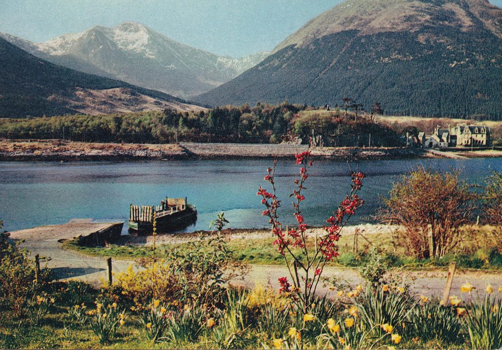 Vintage postcard of Ballachullish Ferry, looking south from Loch Leven Hotel to snow-capped Sgurr Dhonuill.
