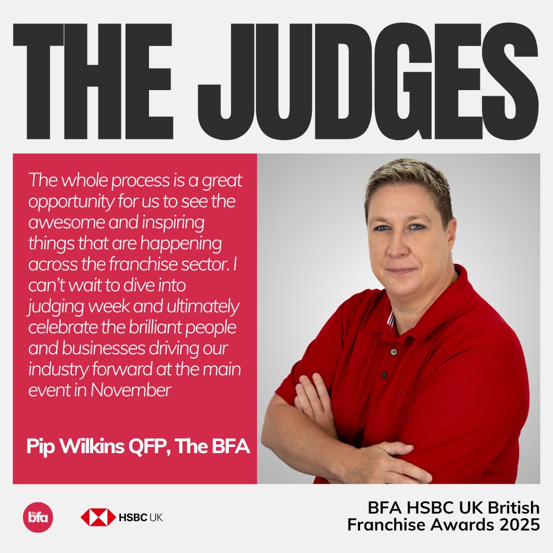 Judging Week begins!

We’re proud to have Pip Wilkins QFP, CEO of The BFA, on our panel for the 2025 Awards.

Trusted voice. Respected leader. Proud advocate for franchising.

🔗 More on the awards: ow.ly/vTnc50WluS7

 #BFAHSBCUKBritishFranchiseAwards2025 #TheBFA