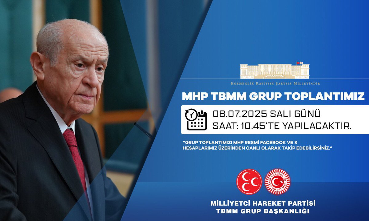 Yasar Kaba (@yasarkaba17) on Twitter photo MHP TBMM Grup Toplantımız #08Temmuz2025 Salı günü (Yarın) Saat:10.45’te yapılacaktır.
MHP TBMM GRUP BAŞKANLIĞI
<a href="/MhpTbmmGrubu/">MHP TBMM Grubu #MHP</a> MHP TBMM Grup Toplantımız #08Temmuz2025 Salı günü (Yarın) Saat:10.45’te yapılacaktır.
MHP TBMM GRUP BAŞKANLIĞI
<a href="/MhpTbmmGrubu/">MHP TBMM Grubu #MHP</a>