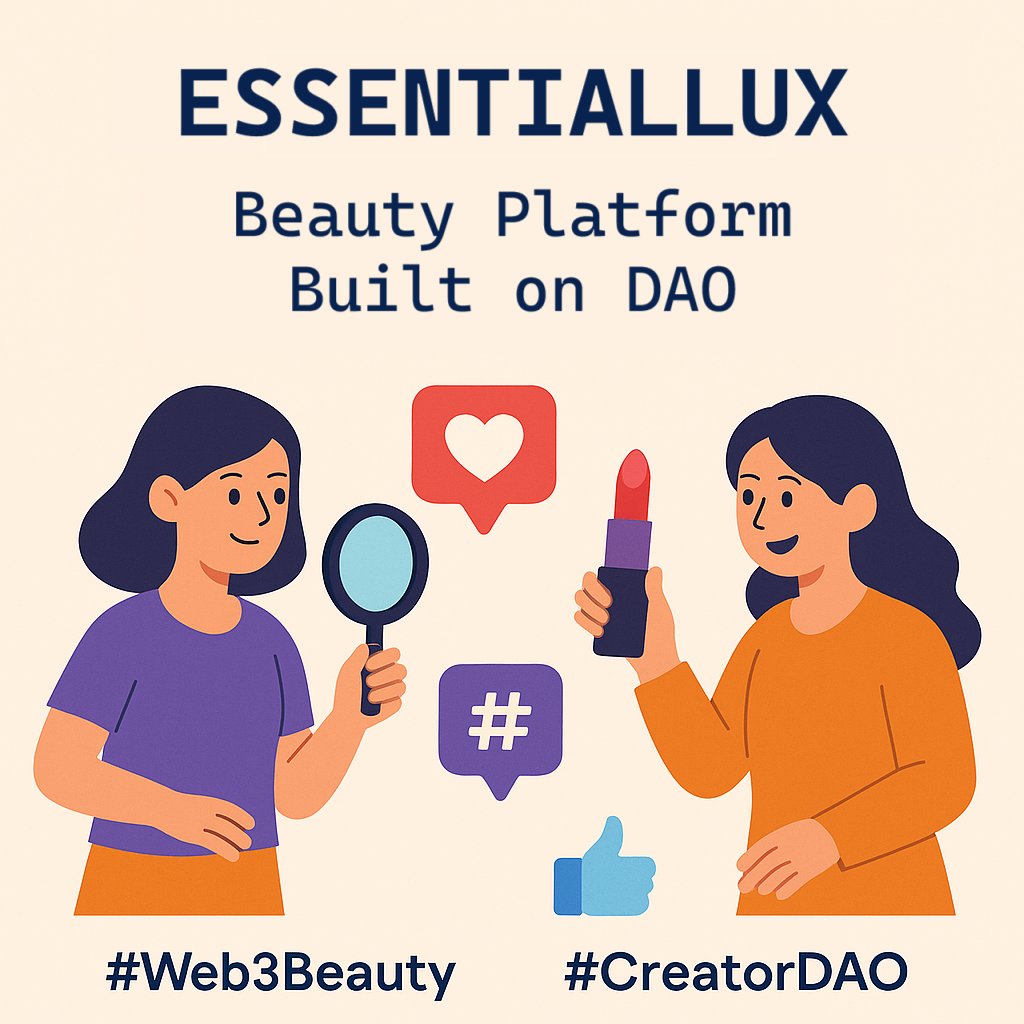 ESSENTIALLUX_'s tweet image. 💄EssentialLux: A Creator-Led Beauty Platform Built on DAO
EssentialLux is a Web3-based beauty platform that places DAO governance at the center of its ecosystem.
Creators do more than just produce content like videos or interactive media. They take part in decision-making by…